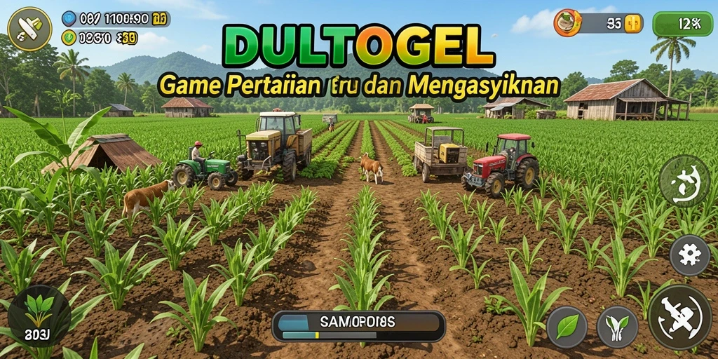 Screenshot gameplay DULTOGEL dengan berbagai tanaman dan ladang yang subur.