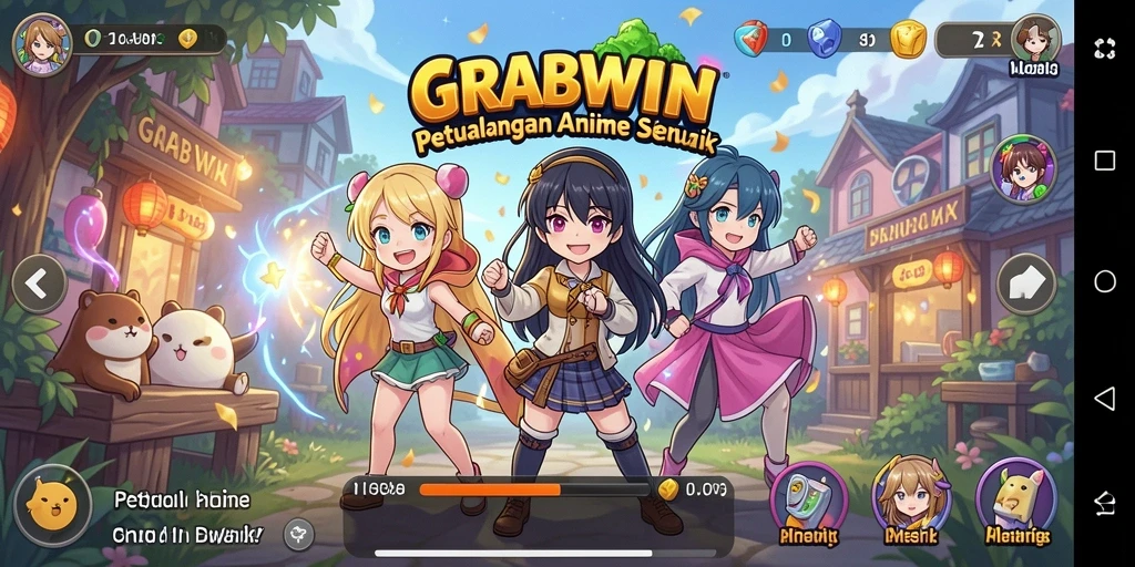 Screenshot gameplay <strong>GRABWIN</strong> yang menunjukkan aksi seru dan karakter anime.